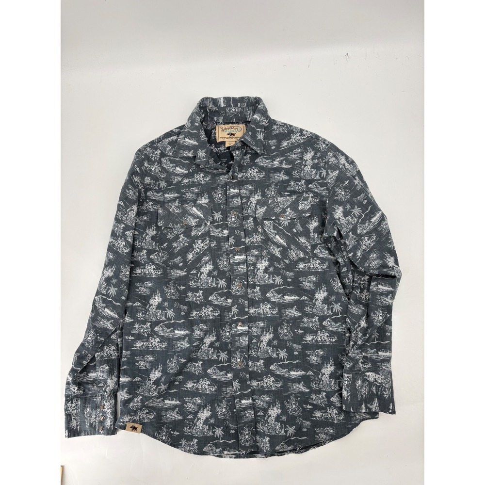 Western Aloha Mens XL Pearl Snap Shirt Gray White Island Toile Long Sleeve - Picture 2 of 6